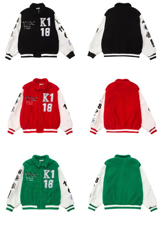画像11: lamb wool letters embroidery Stadium jumper Jacket blouson  ユニセックス 男女兼用 ラムファーレター&ナンバーロゴフリースジャケット  ブルゾン (11)