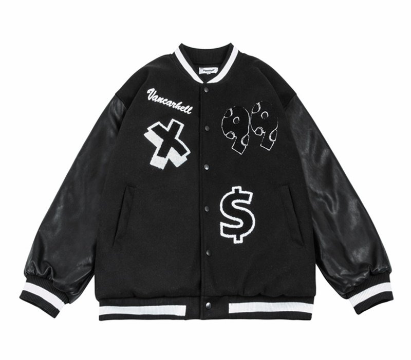 画像4: cartoon avatar leather sleeve BASEBALL JACKET baseball uniform jacket blouson  ユニセックス 男女兼用ボーイアバターエンブレムスタジアムジャンパー スタジャン MA-1 ボンバー ジャケット ブルゾン (4)