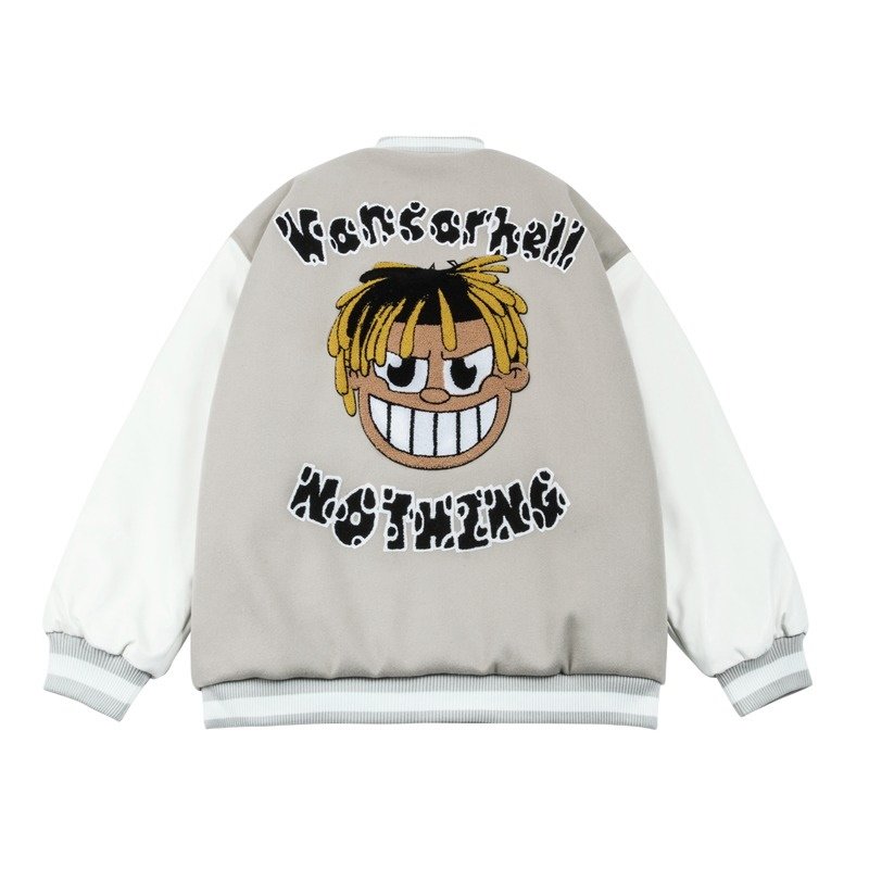 画像1: cartoon avatar leather sleeve BASEBALL JACKET baseball uniform jacket blouson  ユニセックス 男女兼用ボーイアバターエンブレムスタジアムジャンパー スタジャン MA-1 ボンバー ジャケット ブルゾン (1)