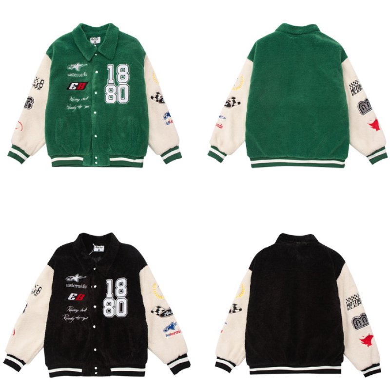画像6:  lamb wool dark funeral letter fleece jacket blouson  ユニセックス 男女兼用ラムベルベットラペルフリースジャケット  ブルゾン (6)