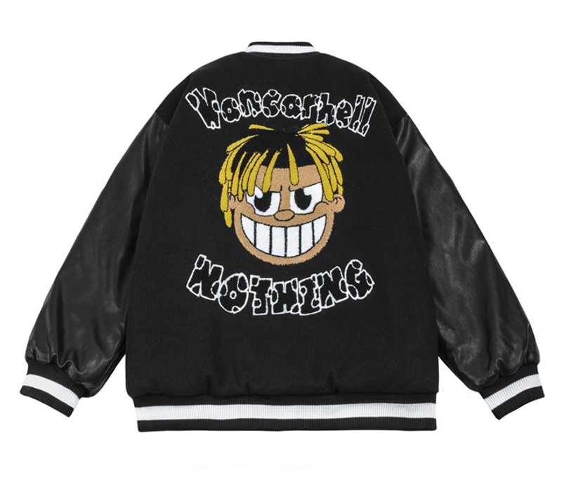 画像2: cartoon avatar leather sleeve BASEBALL JACKET baseball uniform jacket blouson  ユニセックス 男女兼用ボーイアバターエンブレムスタジアムジャンパー スタジャン MA-1 ボンバー ジャケット ブルゾン (2)