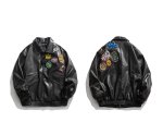 画像4: embroidered street motorcycle leather jackets  blouson  ユニセックス 男女兼用レザーエンブレム付きバイカージャンパー MA-1 ボンバー ジャケット ブルゾン (4)