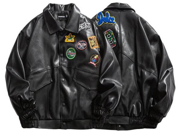 画像1: embroidered street motorcycle leather jackets  blouson  ユニセックス 男女兼用レザーエンブレム付きバイカージャンパー MA-1 ボンバー ジャケット ブルゾン (1)