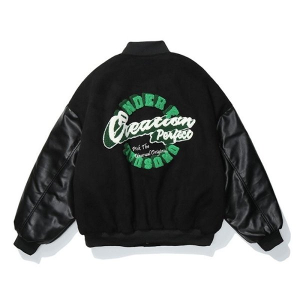 画像1: 21 Oversize flocking printed leather sleeve BASEBALL JACKET baseball uniform jacket blouson 中綿入り ユニセックス 男女兼用 サークルP スタジアムジャンパー スタジャン MA-1 ボンバー ジャケット ブルゾン (1)