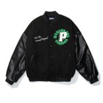 画像2: 21 Oversize flocking printed leather sleeve BASEBALL JACKET baseball uniform jacket blouson 中綿入り ユニセックス 男女兼用 サークルP スタジアムジャンパー スタジャン MA-1 ボンバー ジャケット ブルゾン (2)