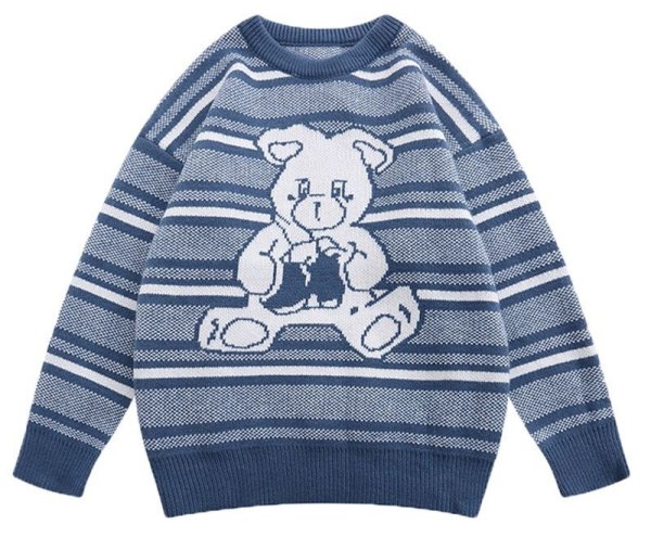 画像1: Unisex  bear crochet round neck pullover Sweater   ユニセックス 男女兼用熊ベア編み込みセーター プルオーバー (1)