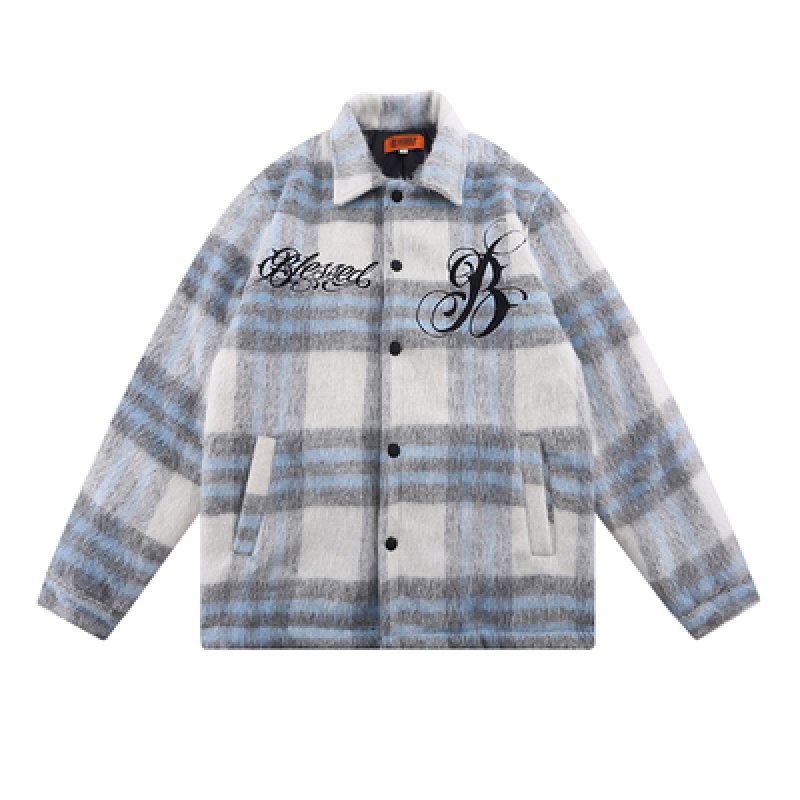 画像2: plaid small fragrance embroidery  quilted mid-length woolen shirt jacket  ユニセックス 男女兼用チェック&ロゴウォームジャケット ブルゾン (2)