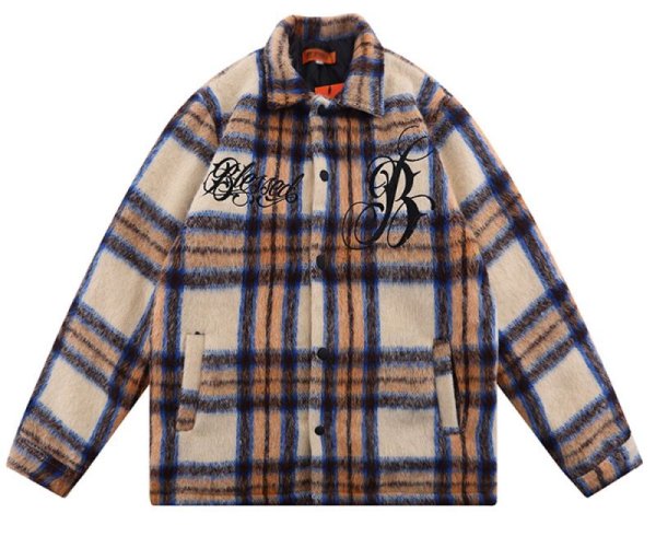 画像1: plaid small fragrance embroidery  quilted mid-length woolen shirt jacket  ユニセックス 男女兼用チェック＆ロゴウォームジャケット ブルゾン (1)