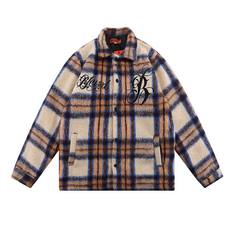 画像5: plaid small fragrance embroidery  quilted mid-length woolen shirt jacket  ユニセックス 男女兼用チェック&ロゴウォームジャケット ブルゾン (5)