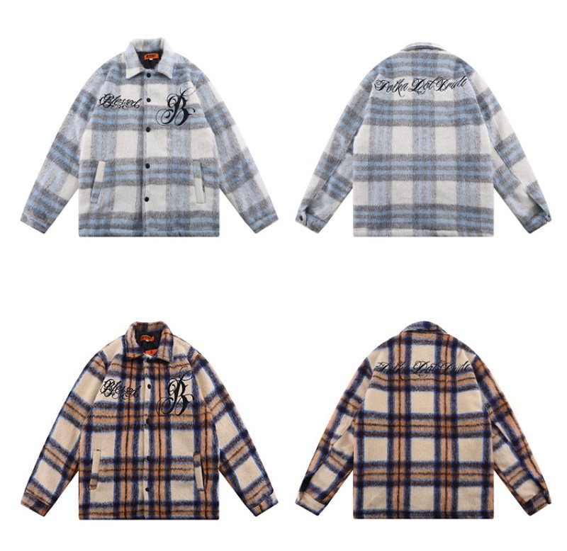 画像4: plaid small fragrance embroidery  quilted mid-length woolen shirt jacket  ユニセックス 男女兼用チェック&ロゴウォームジャケット ブルゾン (4)