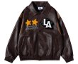 画像3: leather embroidered street motorcycle jacket BASEBALL JACKET baseball uniform jacket blouson  ユニセックス 男女兼用LA刺繍レザースタジアムジャンパー スタジャン MA-1 ボンバー ジャケット ブルゾン (3)