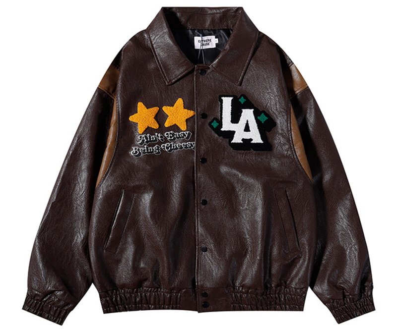 画像3: leather embroidered street motorcycle jacket BASEBALL JACKET baseball uniform jacket blouson  ユニセックス 男女兼用LA刺繍レザースタジアムジャンパー スタジャン MA-1 ボンバー ジャケット ブルゾン (3)