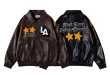 画像1: leather embroidered street motorcycle jacket BASEBALL JACKET baseball uniform jacket blouson  ユニセックス 男女兼用LA刺繍レザースタジアムジャンパー スタジャン MA-1 ボンバー ジャケット ブルゾン (1)