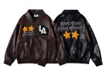 画像1: leather embroidered street motorcycle jacket BASEBALL JACKET baseball uniform jacket blouson  ユニセックス 男女兼用LA刺繍レザースタジアムジャンパー スタジャン MA-1 ボンバー ジャケット ブルゾン (1)