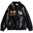 画像2: leather embroidered street motorcycle jacket BASEBALL JACKET baseball uniform jacket blouson  ユニセックス 男女兼用LA刺繍レザースタジアムジャンパー スタジャン MA-1 ボンバー ジャケット ブルゾン (2)