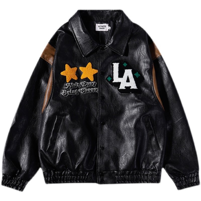 画像2: leather embroidered street motorcycle jacket BASEBALL JACKET baseball uniform jacket blouson  ユニセックス 男女兼用LA刺繍レザースタジアムジャンパー スタジャン MA-1 ボンバー ジャケット ブルゾン (2)