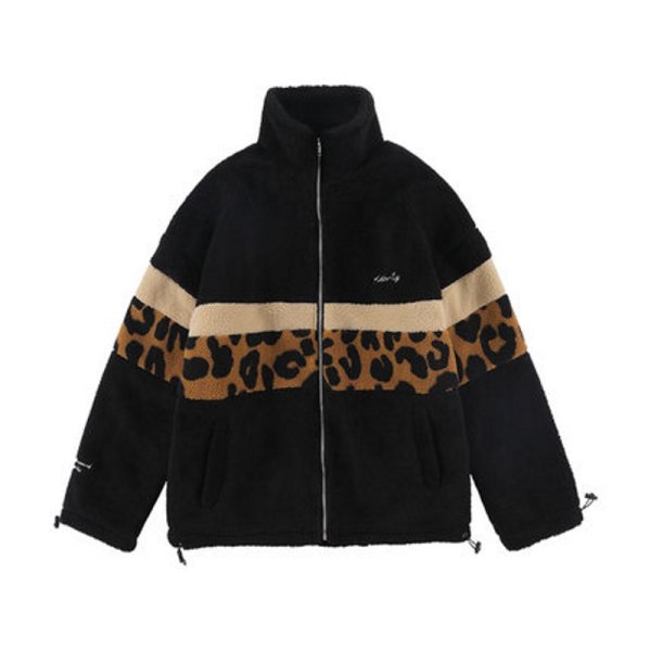 画像1: leopard pattern stitching lamb velvet coat jacket blouson  ユニセックス 男女兼用 ヒョウ柄のステッチラムベルベットコートジャケットブルゾン (1)
