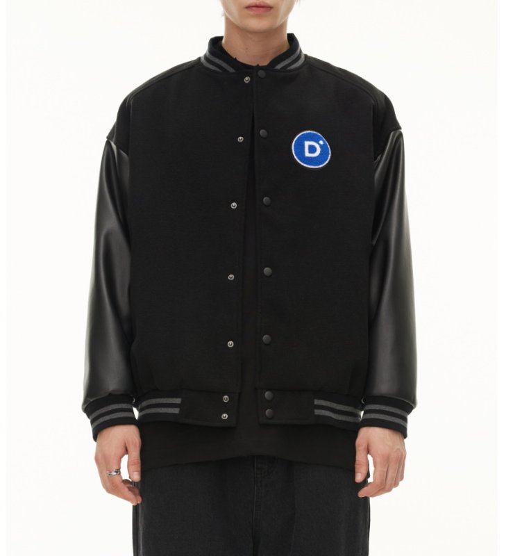 画像2: DIMC towel embroidery and PU leather BASEBALL JACKET baseball uniform jacket blouson  ユニセックス 男女兼用DIMCブルーサークルスタジアムジャンパー スタジャン MA-1 ボンバー ジャケット ブルゾン (2)