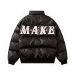 画像2: English alphabet embroidery stand-collar PU leather down jacket coat blouson  ユニセックス 男女兼用アルファベット刺繡レザーダウンジャケット ブルゾン (2)