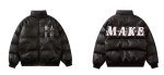 画像8: English alphabet embroidery stand-collar PU leather down jacket coat blouson  ユニセックス 男女兼用アルファベット刺繡レザーダウンジャケット ブルゾン (8)