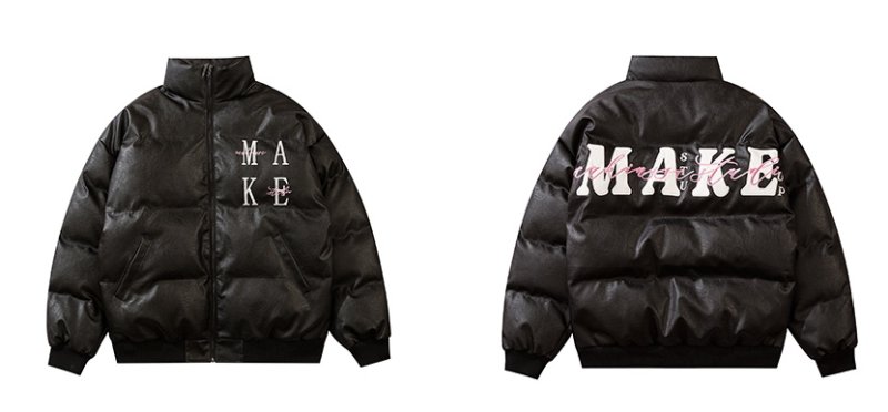 画像8: English alphabet embroidery stand-collar PU leather down jacket coat blouson  ユニセックス 男女兼用アルファベット刺繡レザーダウンジャケット ブルゾン (8)