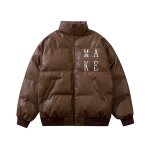 画像4: English alphabet embroidery stand-collar PU leather down jacket coat blouson  ユニセックス 男女兼用アルファベット刺繡レザーダウンジャケット ブルゾン (4)