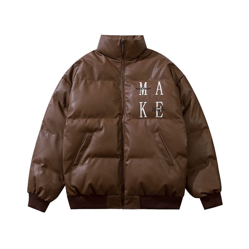 画像4: English alphabet embroidery stand-collar PU leather down jacket coat blouson  ユニセックス 男女兼用アルファベット刺繡レザーダウンジャケット ブルゾン (4)