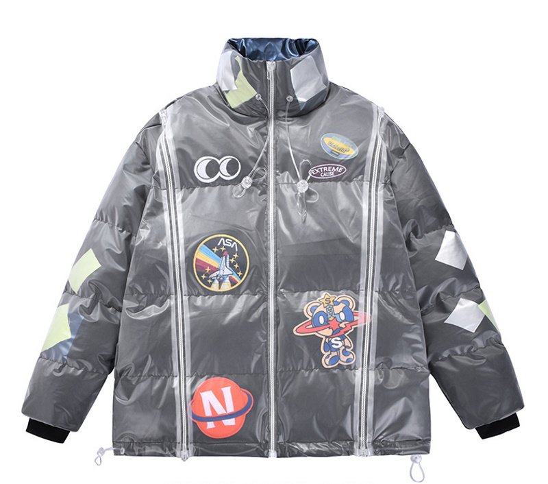 画像1: NASA transparent waterproof padded jacket emblem stand-collar down jacket coat blouson   ユニセックス 男女兼用ナサカラフルエンブレムダウンジャケット ブルゾン (1)