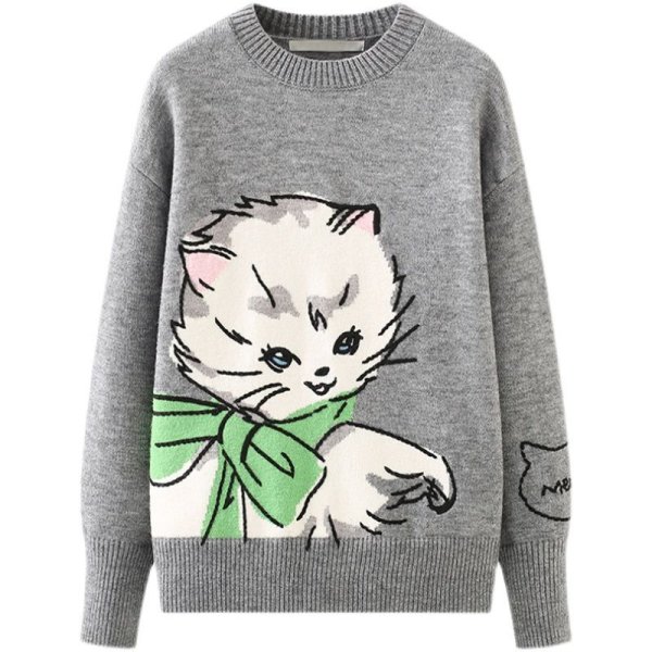 画像1: Women's Cute cat crochet sweaterpattern embroidered Sweater　キュートキャット 猫編み込み セーター プルオーバー (1)