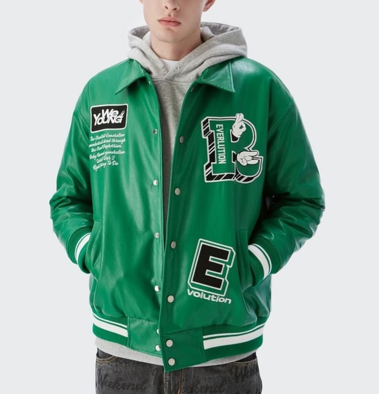 画像4: PU leather embroidery BASEBALL JACKET baseball uniform jacket blouson  ユニセックス 男女兼用アイマーク刺繍スタジアムジャンパー スタジャン MA-1 ボンバー ジャケット ブルゾン (4)