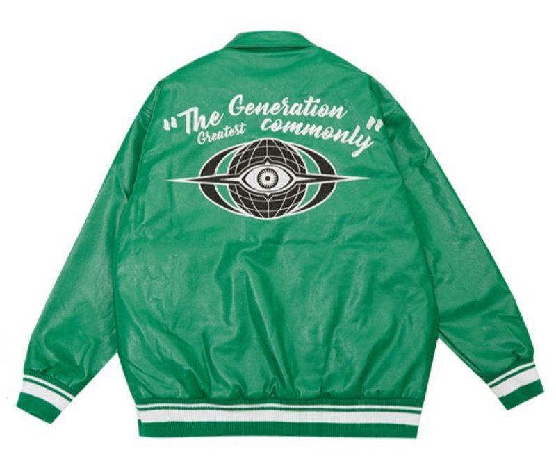 画像2: PU leather embroidery BASEBALL JACKET baseball uniform jacket blouson  ユニセックス 男女兼用アイマーク刺繍スタジアムジャンパー スタジャン MA-1 ボンバー ジャケット ブルゾン (2)