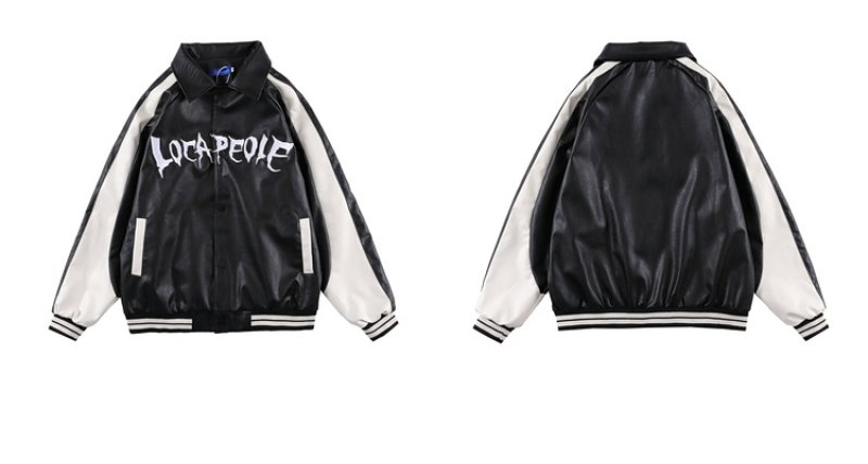 画像2: Alphabet logo embroidered leather jacket BASEBALL JACKET baseball uniform jacket blouson  ユニセックス 男女兼用アルファベットロゴ刺繍レザースタジアムジャンパー スタジャン MA-1 ボンバー ジャケット ブルゾン (2)