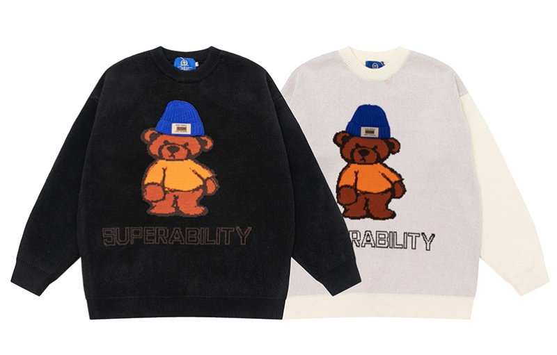 画像3: Unisex Bear Crew Neck SweaterPullover  ユニセックス 男女兼用ベア熊&super bilty編み込みセーター (3)