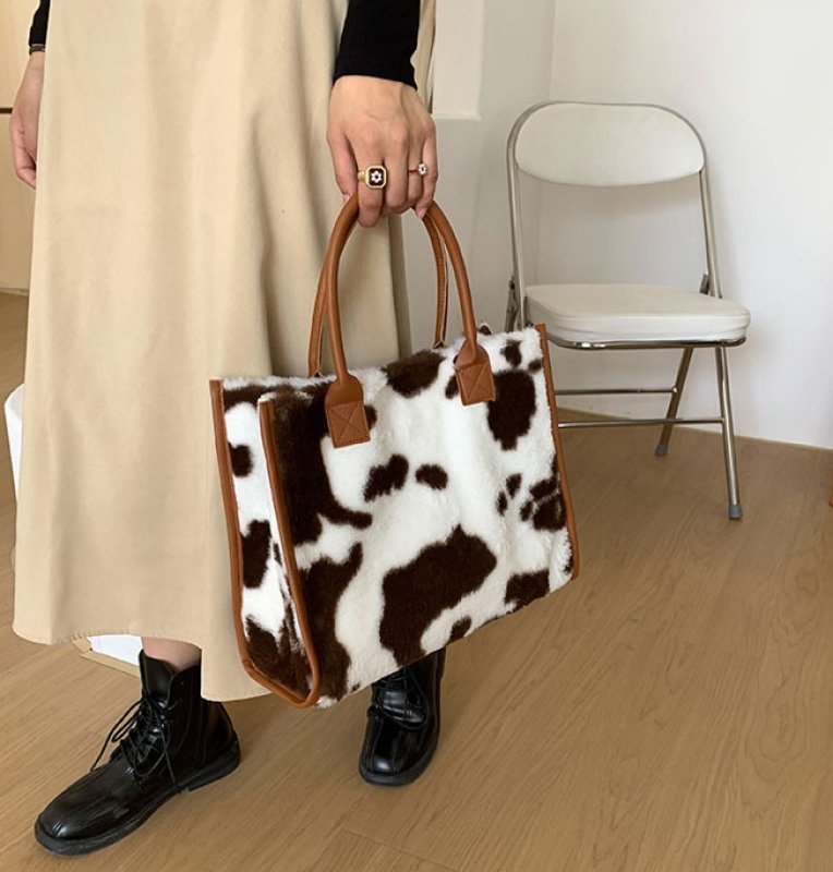 画像4: leopard Cow pattern print plush handbag tote bag ヒョウ柄レオパード カウ柄トートバッグ (4)