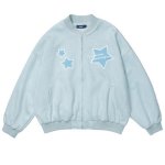 画像2: pointed star flocking embroidery BASEBALL JACKET baseball uniform jacket blouson  ユニセックス 男女兼用スター 星刺繍レザースタジアムジャンパー スタジャン MA-1 ボンバー ジャケット ブルゾン (2)
