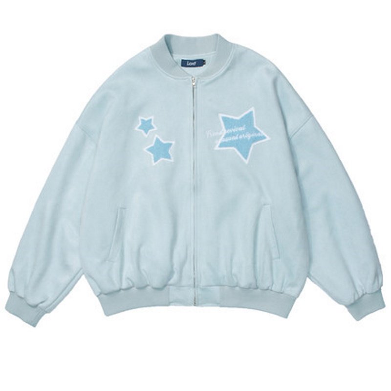 画像2: pointed star flocking embroidery BASEBALL JACKET baseball uniform jacket blouson  ユニセックス 男女兼用スター 星刺繍レザースタジアムジャンパー スタジャン MA-1 ボンバー ジャケット ブルゾン (2)