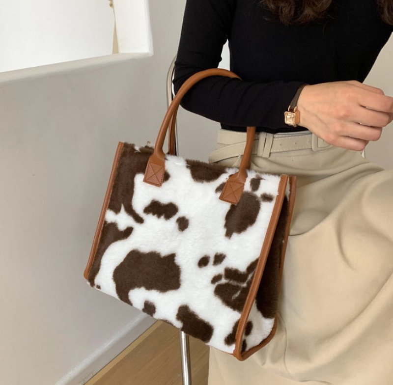 画像6: leopard Cow pattern print plush handbag tote bag ヒョウ柄レオパード カウ柄トートバッグ (6)