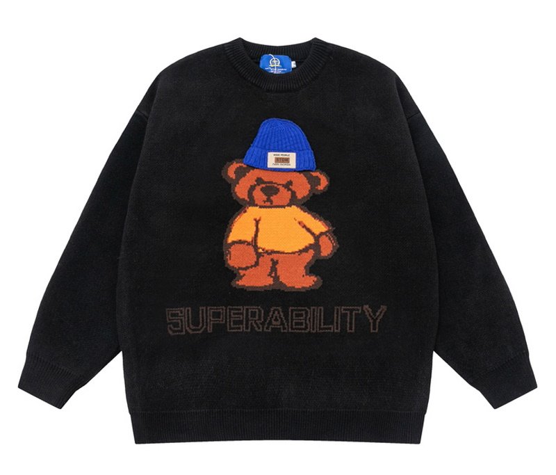 画像2: Unisex Bear Crew Neck SweaterPullover  ユニセックス 男女兼用ベア熊&super bilty編み込みセーター (2)