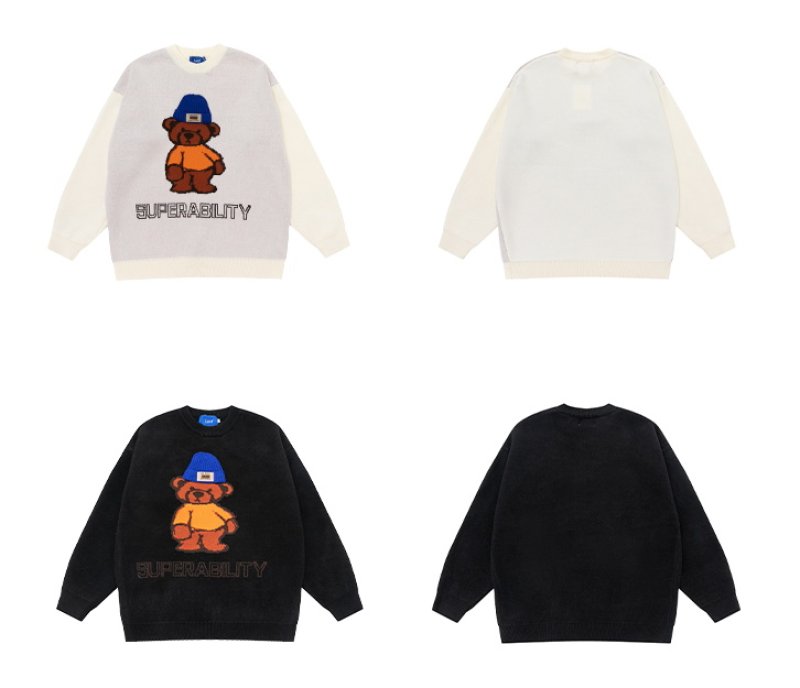 画像4: Unisex Bear Crew Neck SweaterPullover  ユニセックス 男女兼用ベア熊&super bilty編み込みセーター (4)