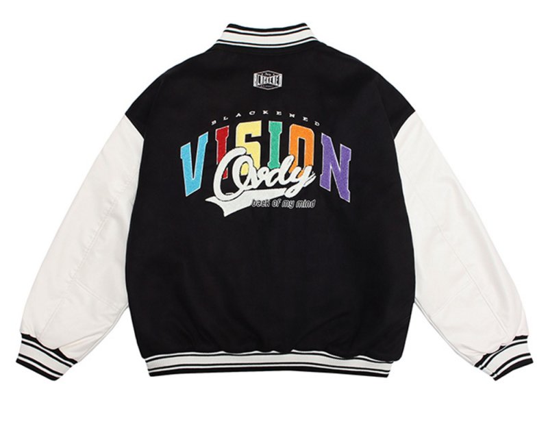 画像2: vision Logo embroideryBASEBALL JACKET baseball uniform jacket blouson  ユニセックス 男女兼用vision刺繍レザースタジアムジャンパー スタジャン MA-1 ボンバー ジャケット ブルゾン (2)