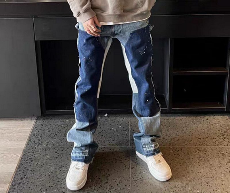 画像9: Unisex men's wash water and make old splash ink color matching deconstructed flared pants Jeans   ユニセックス男女兼用スプラッシュインク＆カラーマッチング デニム パンツ ジーンズ (9)
