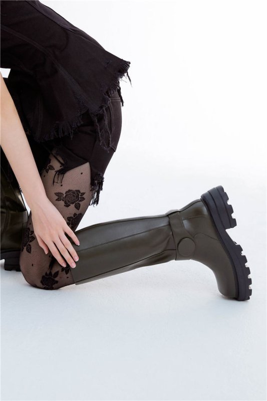 画像6: buckle square toe ultra light thick bottom knee boots long boots   バックルスクエアトゥ軽量ロングブーツ  (6)