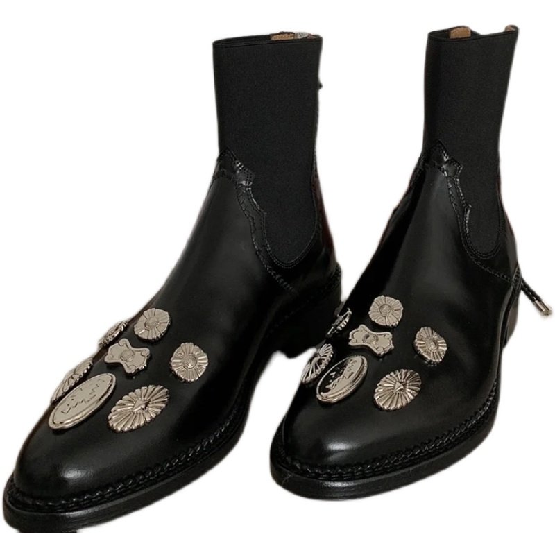 画像4: metal decorative elastic tube rear zipper women's boots  メタルレザーショートブーツ  チェルシーブーツ (4)