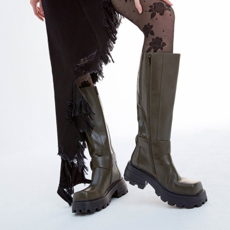 画像4: buckle square toe ultra light thick bottom knee boots long boots   バックルスクエアトゥ軽量ロングブーツ  (4)