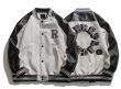 画像1: Rhinestone circle letter leatherBASEBALL JACKET baseball uniform jacket blouson  ユニセックス 男女兼用ラインストーンサークルレターレザースタジアムジャンパー スタジャン MA-1 ボンバー ジャケット ブルゾン (1)