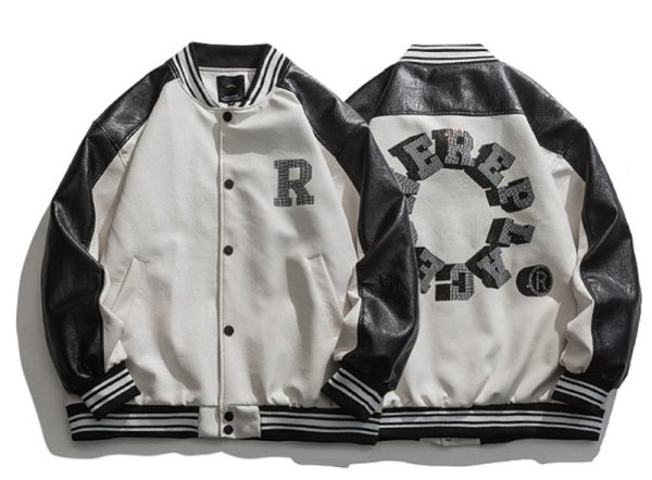 画像1: Rhinestone circle letter leatherBASEBALL JACKET baseball uniform jacket blouson  ユニセックス 男女兼用ラインストーンサークルレターレザースタジアムジャンパー スタジャン MA-1 ボンバー ジャケット ブルゾン (1)