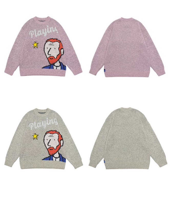 画像5: Unisex fun jacquard round neck sweater Pullover  ユニセックス 男女兼用プレイングメンセーター (5)