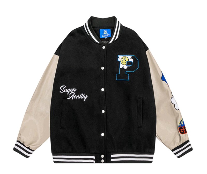 画像4: Smile flower P embroidery BASEBALL JACKET baseball uniform jacket blouson  ユニセックス 男女兼用スマイルフラワーP刺繍スタジアムジャンパー スタジャン MA-1 ボンバー ジャケット ブルゾン (4)
