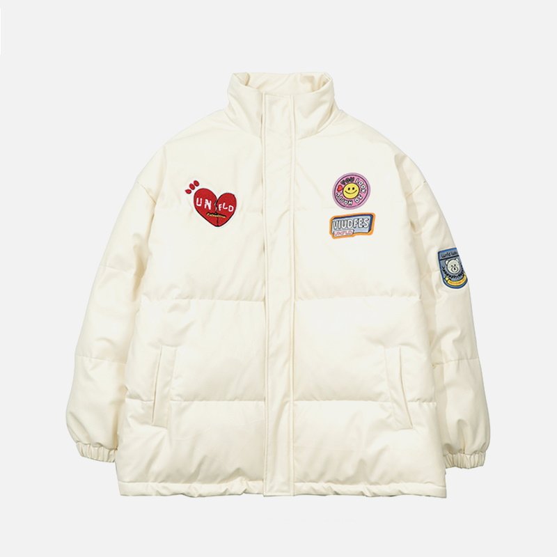 画像2: PU leatherdown jacket coat blouson   ユニセックス 男女兼用レザースマイ&ハートエンブレムダウンジャケット ブルゾン (2)