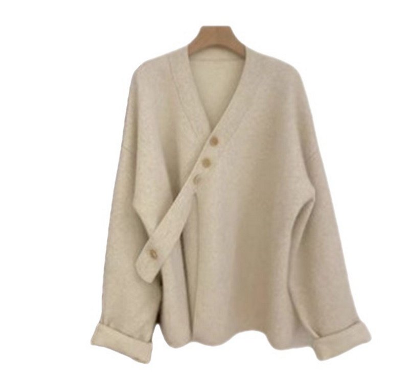 画像9: Women's V-neck oblique buckle loose wild and thin knitted sweater coat　Vネック斜めバックルルーズニットセーターカーディガン コート ジャケット (9)